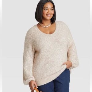 AVA & VIV Tan V-Neck Soft Fuzzy Balloon Sleeve Sweater NWT Size X 14W-16W